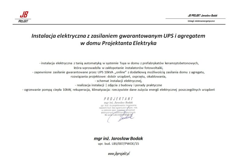 Instalacja elektryczna z zasilaniem gwarantowanym UPS i agregatem w domu Projektanta Elektryka