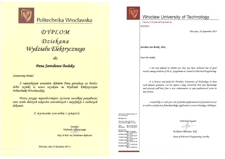 Dyplom i list gratulacyjny Dziekana
