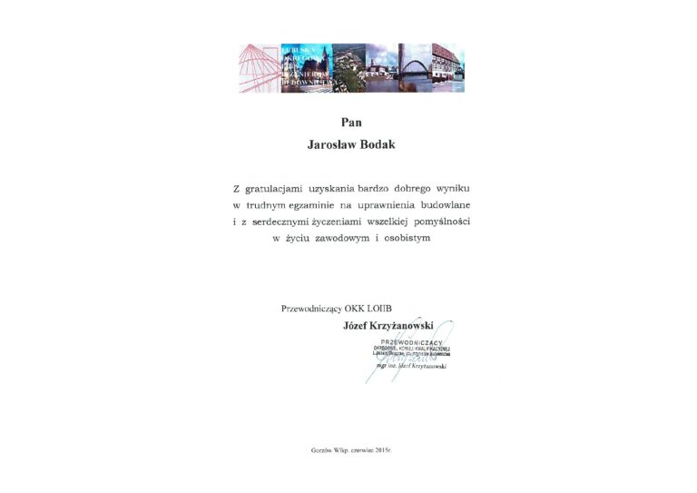 Uprawnienia budowlane — list gratulacyjny LOIB