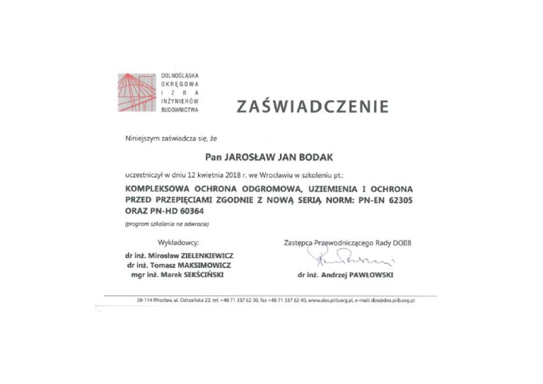 Zaświadczenie — kurs ochrony odgromowej