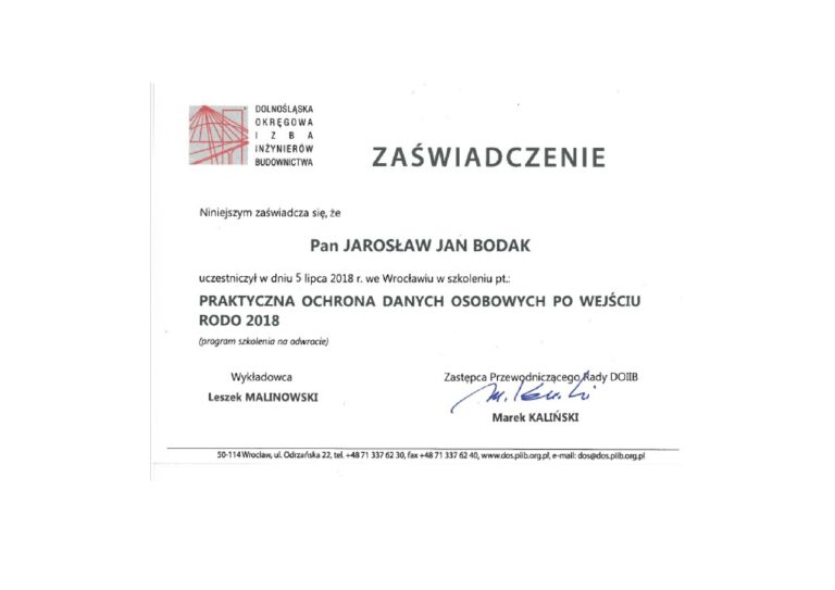 Zaświadczenie PIIB — kurs RODO