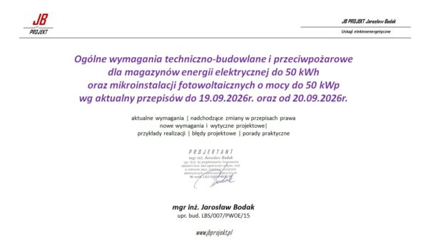 Ogólne wymagania tech-bud. i przecipożarowe dla magazynów energi el. oraz mikroinstalacji do 50kW Ogólne wymagania tech-bud. i przecipożarowe dla magazynów energi el. oraz mikroinstalacji do 50kW