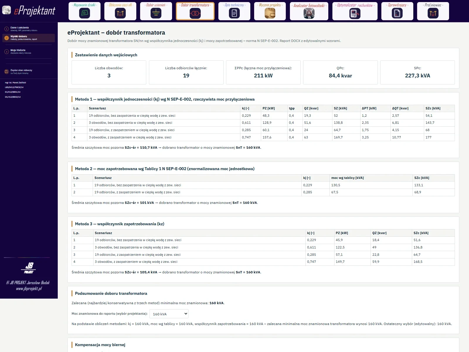 Zrzut ekranu aplikacji Dobór transformatora — eProjektant