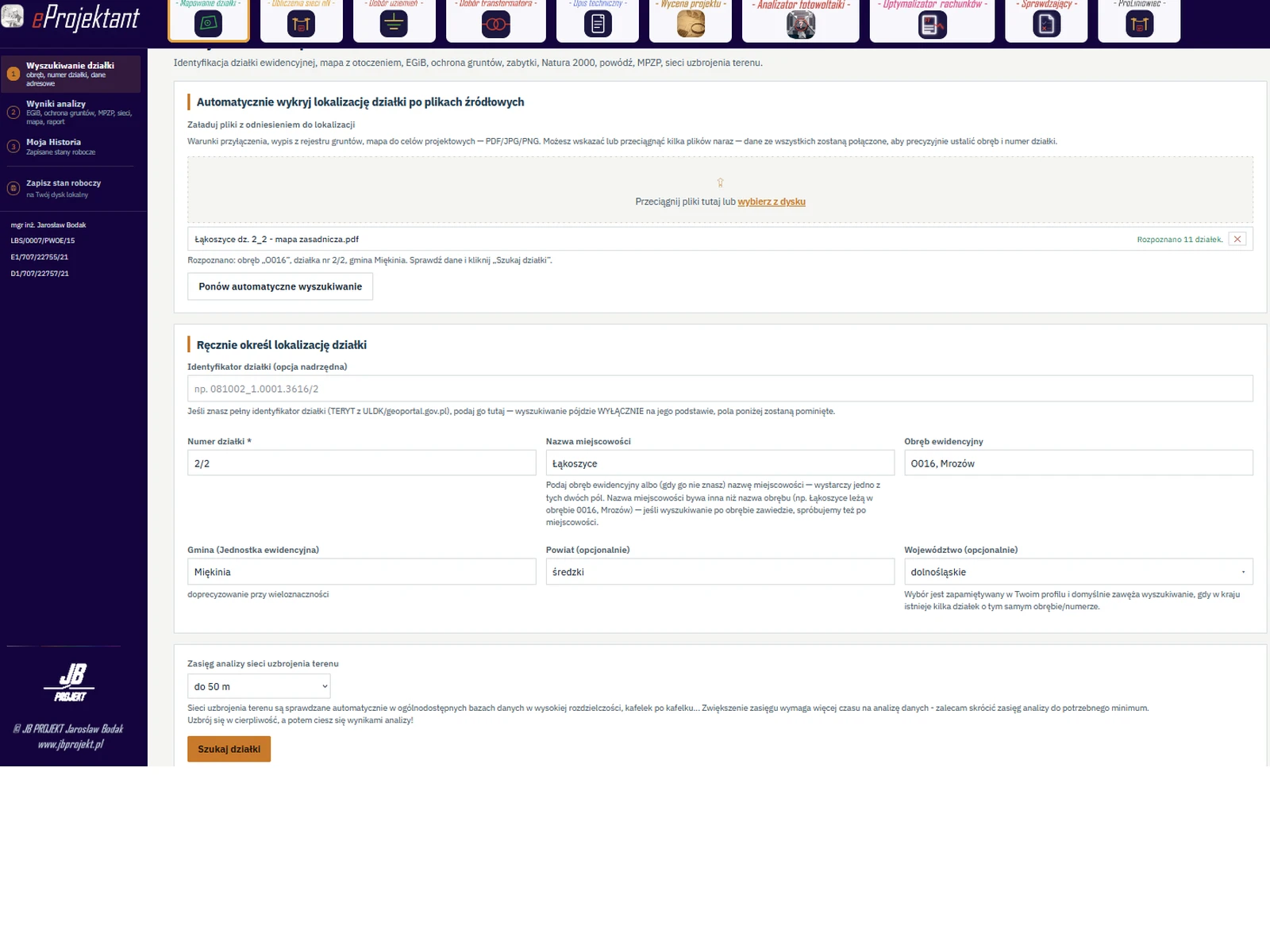 Zrzut ekranu aplikacji Mapowanie działki — eProjektant